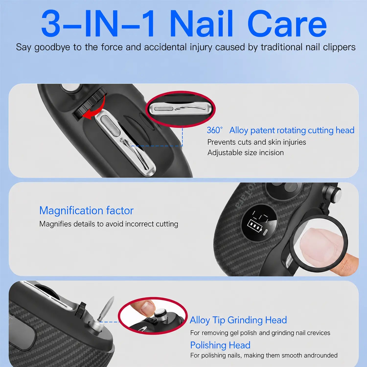 Myotara 3-in-1 Electric Nail Clipper – Effortlessly Trim, Shape & Smooth Nails for the Whole Family with Adjustable Slots, Built-In LED Light & Magnifier