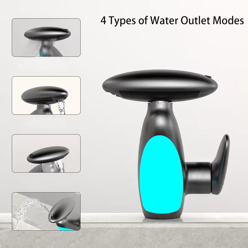 Transform Your Bathroom with the Elegant Deck Mounted LED Pull Out Faucet – 4 Modes Waterfall Basin Sink Mixer in Matte Black
